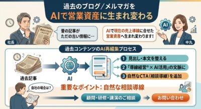 AIで過去のブログやメルマガを営業資産へ再編集するプロセスを解説する図解イラスト。