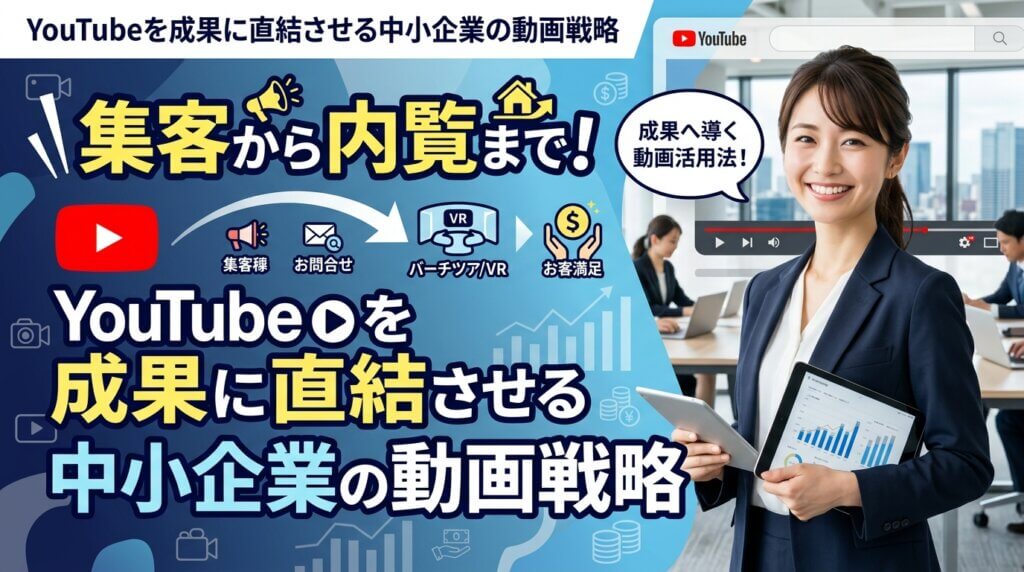 スーツ姿の女性とYouTube画面、集客から内覧までを成果に直結させる動画戦略の流れ(集客・お問合せ・バーチャルツアー・お客様満足)を示したアイキャッチ画像。