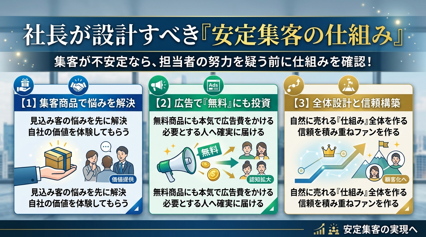 社長が設計すべき安定集客の仕組みを示す図解。集客商品で悩みを解決、広告で無料にも投資、全体設計と信頼構築という3つの柱を並べている。