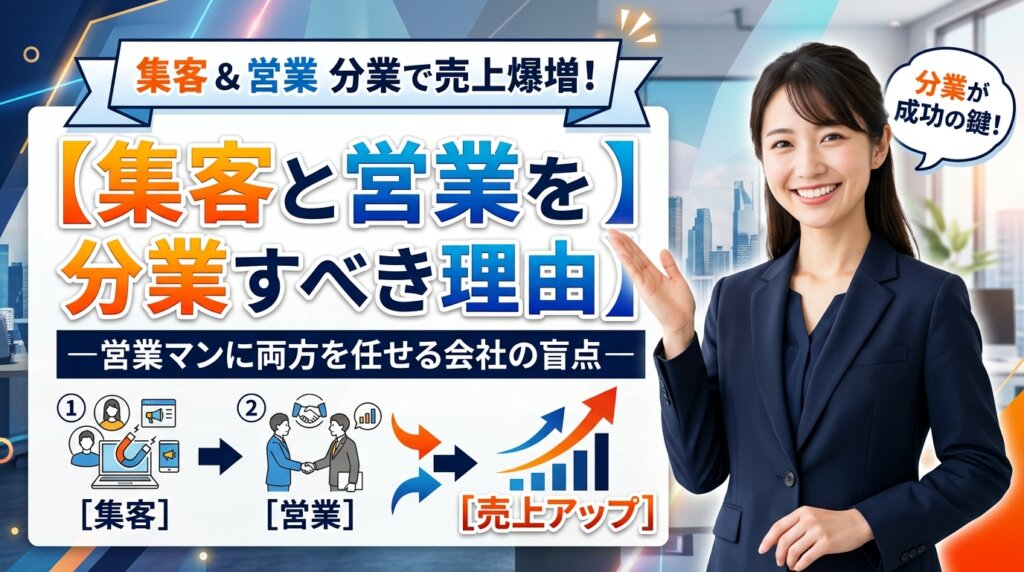 集客と営業を分業すべき理由と、営業マンに両方を任せる会社の盲点を、集客から営業・売上アップへ進む流れで示したアイキャッチ画像。