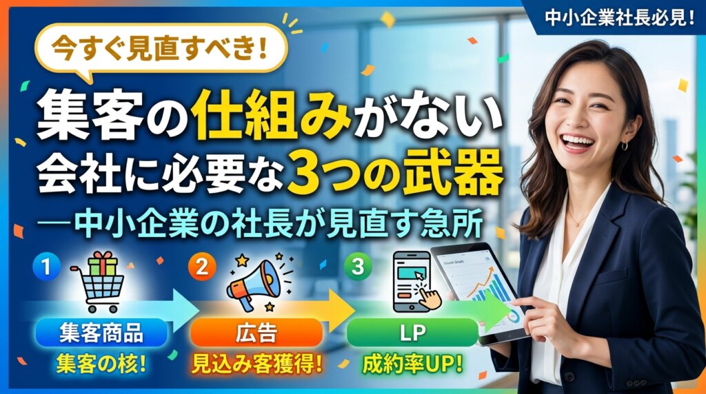 笑顔のビジネスウーマンと、集客の仕組みに必要な3つの武器(集客商品・広告・LP)を矢印でつないだアイキャッチ画像。