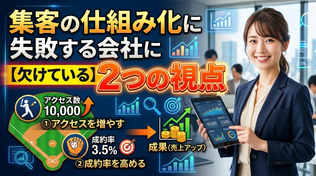 集客の仕組み化に失敗する会社に欠けている2つの視点を、アクセス数を増やす打席数と成約率を高める打率の掛け算で示したアイキャッチ画像。