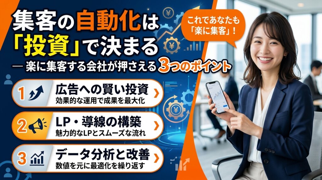集客の自動化は「投資」で決まると示すアイキャッチ画像。広告への賢い投資、LP・導線の構築、データ分析と改善の3つのポイントとスーツ姿の女性が配置されている。