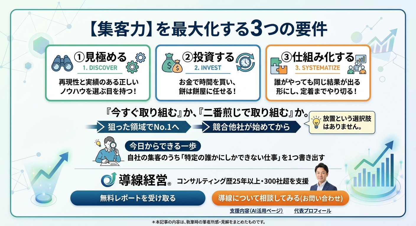 集客力を最大化する3つの要件と具体的なアクションプランを示すビジネス解説図