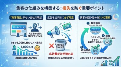 集客商品がない会社は1年で1,000人分の接点を失うこと、集客商品と導線と収益商品の3つがそろって集客が回り出すことを示した図解。