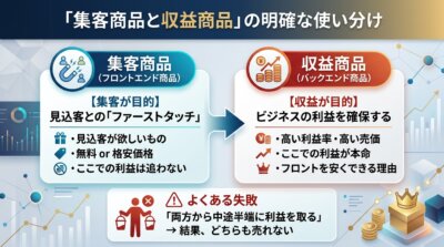 集客が目的のフロントエンド商品と、利益の確保が目的のバックエンド商品の役割の違いと、両方から利益を取ろうとする失敗を示した図解。