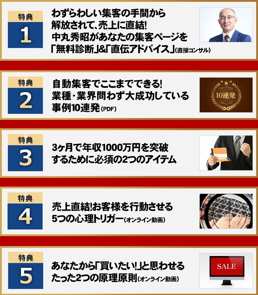1)わずらわしい集客の手間から解放されて、売上に直結！中丸秀昭があなたの集客ページを「無料診断」＆「直伝アドバイス」（直接コンサル）　2)24時間365日・自動集客しながら、売上を爆発させるコツ10連発（PDF）　３）三カ月で年収1000万円を突破するために必須の２つのアイテム　４）売上直結！お客様を行動させる５つのトリガー）　５）あなたから「買いたい！」と思わせる５つの心理トリガー（オンライン動画）