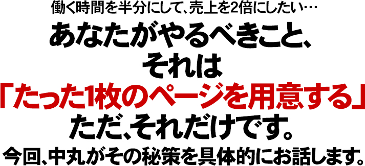 働く時間を半分にして、売上を２倍にしたい…あなたがやるべきこと、それは「たった１枚のページを作る」ただ、それだけです。今回、中丸がその秘策を具体的にお話します。