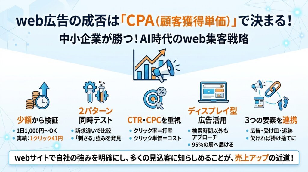 web広告の成否はCPAで決まると示し、少額から検証、2パターン同時テスト、クリック率と単価、ディスプレイ型の活用、3要素の連携という要点5つをまとめた図解。