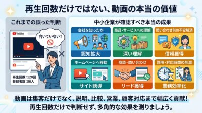 動画の再生回数だけでなく多角的なビジネス成果を重視すべきと解説するビジネス向け図解。